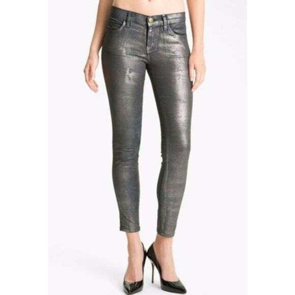 Current/Elliot Silver Gray Metallic Metal Fellon Skinny Stretch Jeans Size 26/0 - Picture 1 of 7